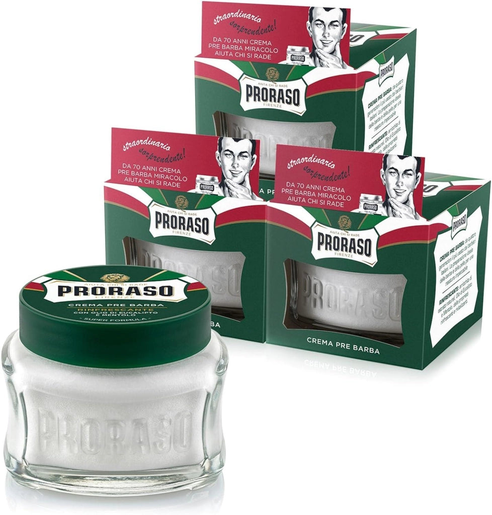 CREMA PREBARBA PRORASO SET 3 PZ X  100ML RINFRESCANTE E TONIFICANTE CON OLIO DI EUCALIPTO E MENTOLO