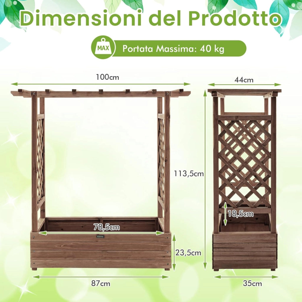 Fioriera da Esterno con Grigliato, Letto Rialzato da Esterno per Piante Rampicanti con Traliccio e Fori di Drenaggio, Aiuola Elevata da Giadino e Cortile, 100 x 44 x 113,5 cm (Marrone)