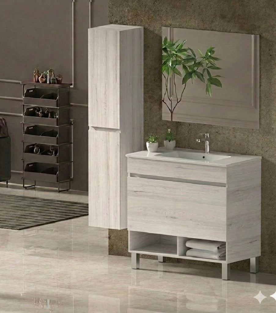 Mobile Bagno NEBARI com gambe Già Montato 1 cassetto, lavabo e specchio Bianco nordico 60x35 cm con colonna