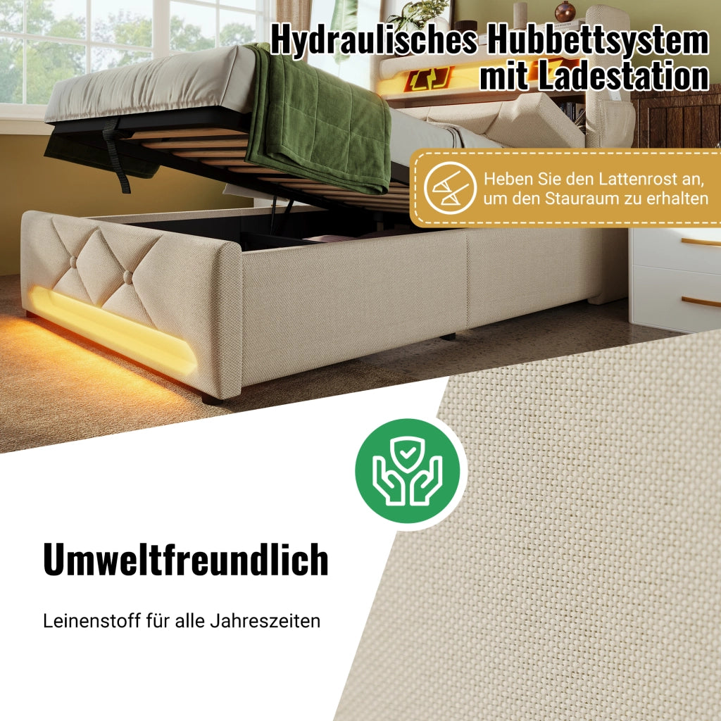 OKWISH Letto Contenitore 160×200 cm, Letto Matrimoniale con USB, Tipo C, LED 360 e Mensole, senza Materasso, in Lino, Beige