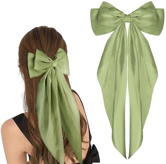 Haarspeld con laccetto grande, coda lunga, fiocchi francesi, spille con laccetto metallico morbido e seta, clip per capelli con laccetto metallico, colore oliva (grande)