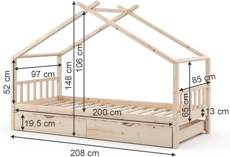 Letto montessori bambini Design, Legno naturale, 90x200 cm con letto per ospiti e 2 materassi, con sponda anticaduta e rete a doghe per un sonno sicuro