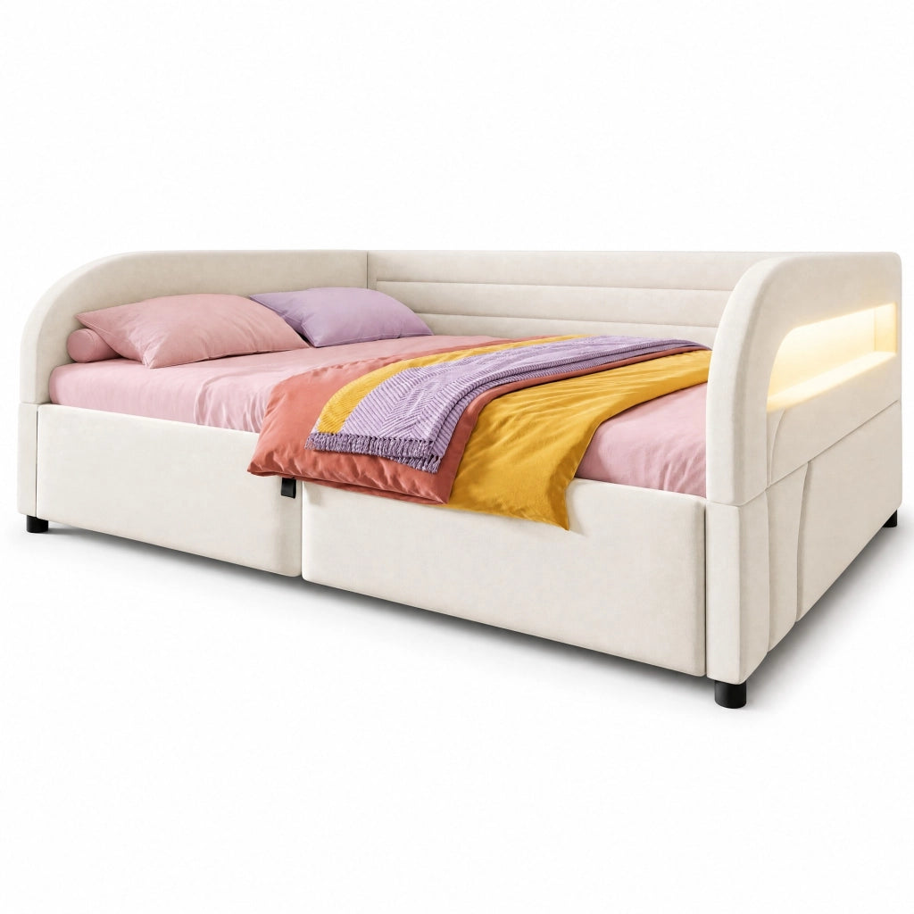 Letto imbottito 140x200 cm con contenitore idraulico e LED RGB in flanella beige