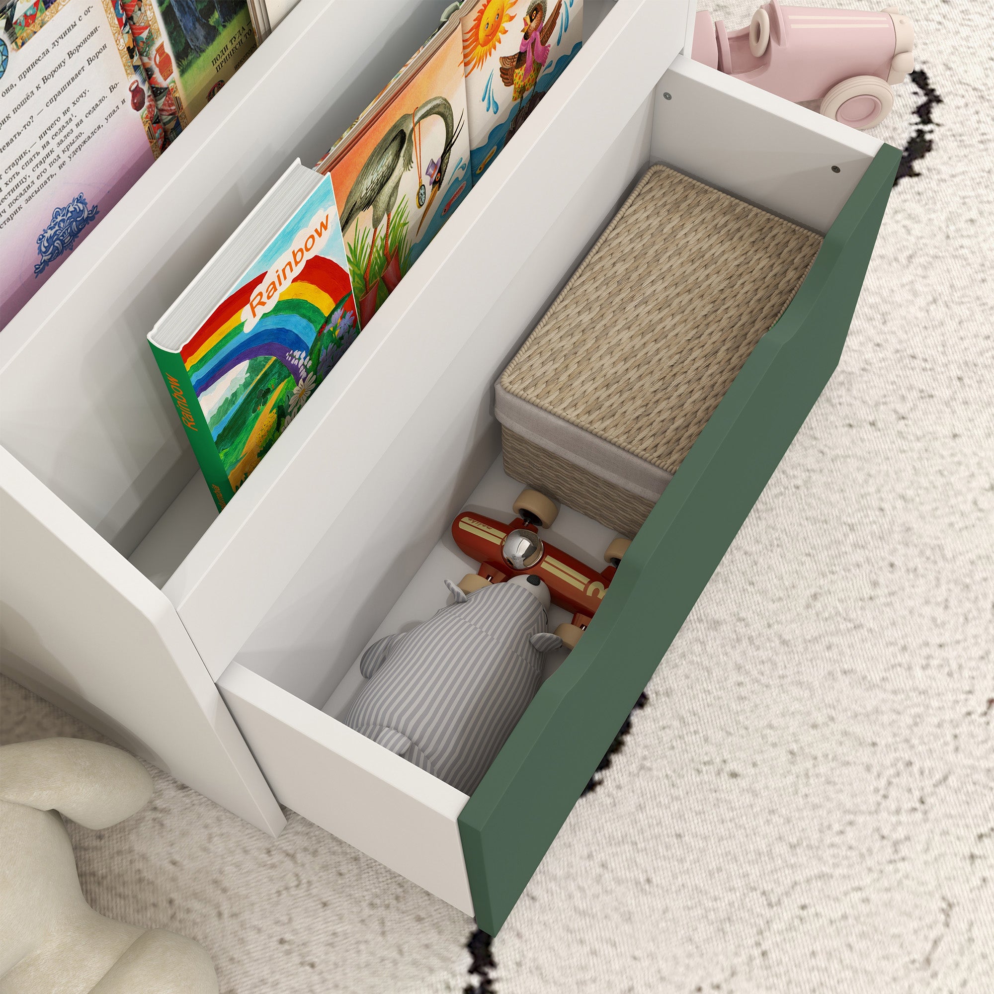 Libreria per Bambini 3-8 Anni 62.5x30x70 cm a 3 Ripiani con Cassetto Inferiore in MDF Verde