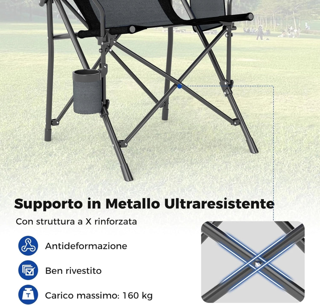 Sedia da Campeggio Portatile, Sedia da Esterno Pieghevole in Tessuto Oxford con Porta Bicchiere e Tasca Laterale, Seduta in Metallo Resistente con Sacca di Trasporto, Portata 160 kg (Nero,2)
