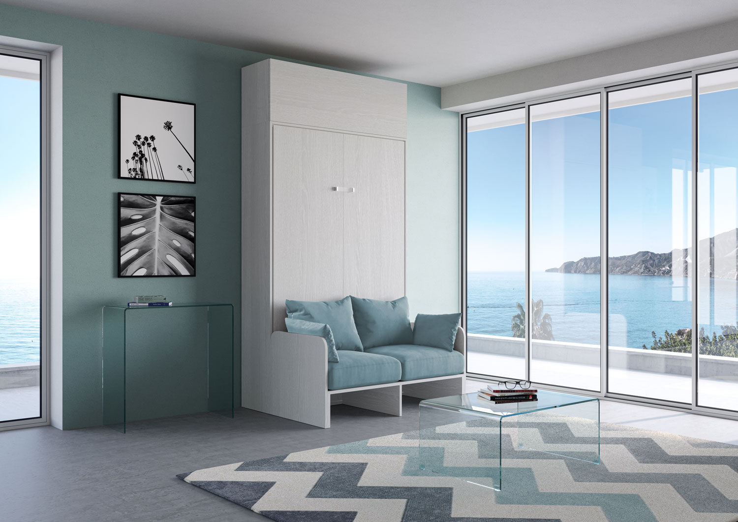 Letto Una Piazza E Mezzo A Scomparsa 120 Kentaro Con Divano E Pensile Bianco Frassino e Azzurro