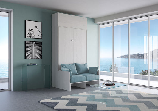 Letto Una Piazza E Mezzo A Scomparsa 120 Kentaro Con Divano E Pensile Bianco Frassino e Azzurro