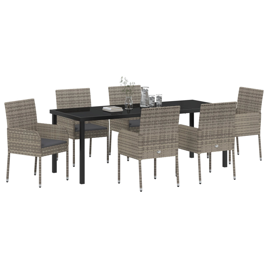 Set da Pranzo da Giardino 7 Pezzi con Cuscini Grigi in Polyrattan