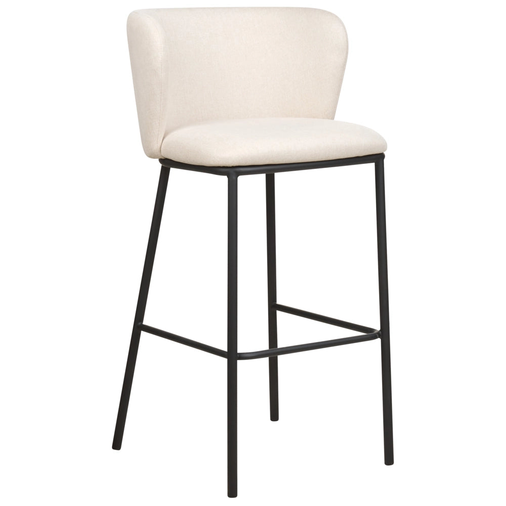 Set di 2 sedie da bar Rivestimento in tessuto bianco sporco Gambe in metallo nero Sgabelli senza braccioli Schienale curvo Sala da pranzo moderna Cucina