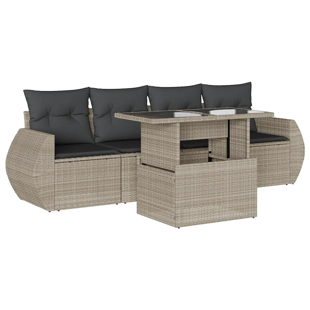 Set Divano da Giardino 5pz con Cuscini Grigio Chiaro Polyrattan