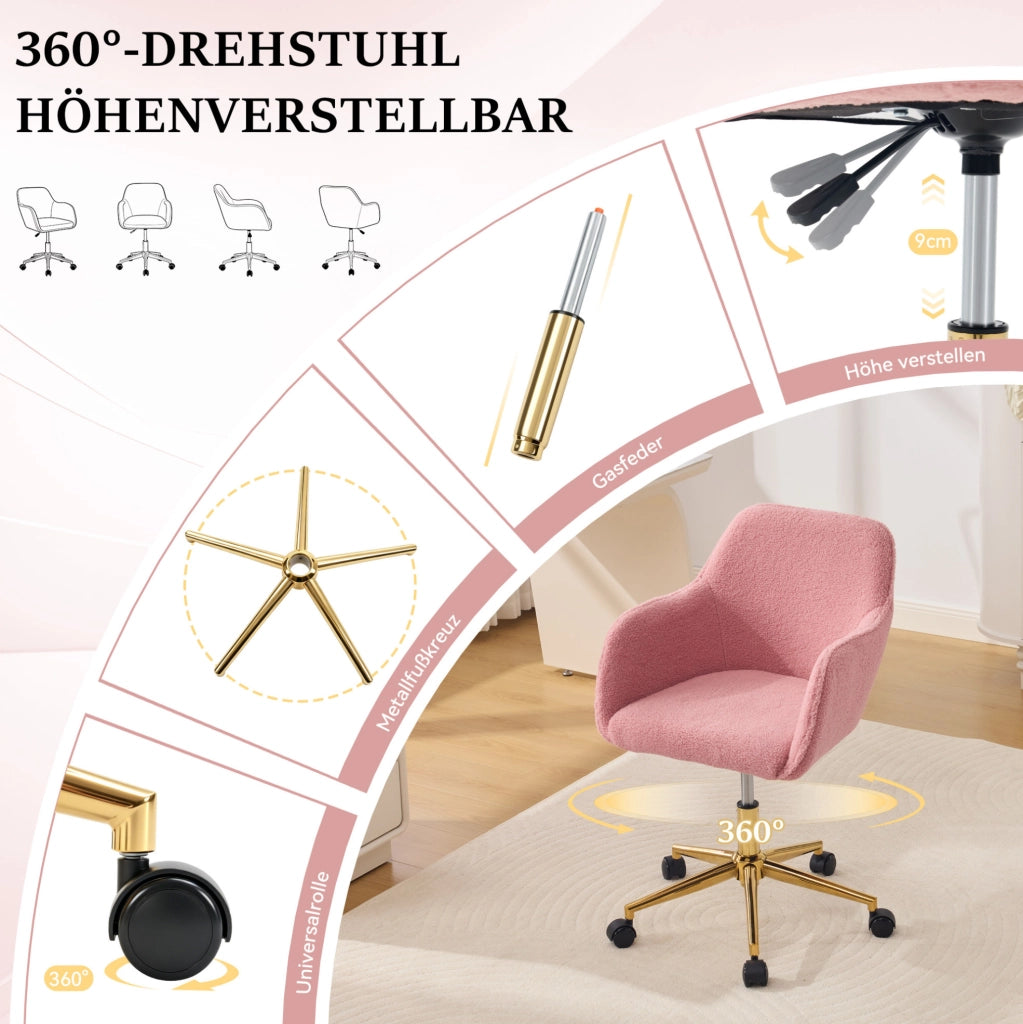 Sedia da ufficio Teddy rosa regolabile e girevole a 360°