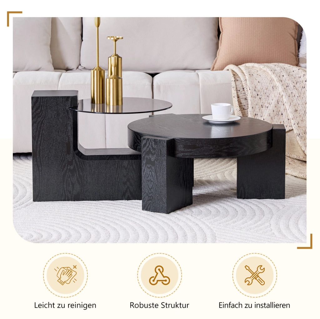 Set di 2 tavolini da caffè rotondi in MDF nero e vetro grigio