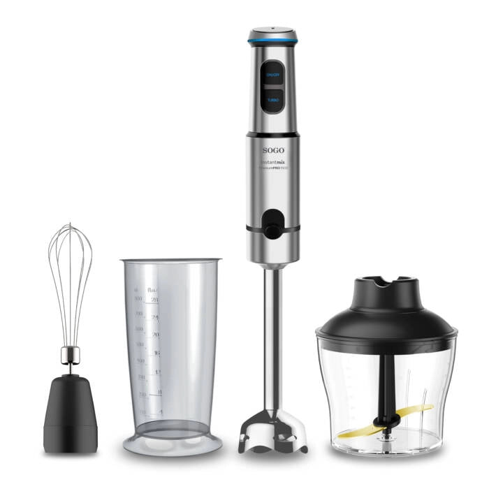 Frullatore a immersione 1500W con lame in titanio, velocità variabile e accessori tritatutto 650 ml e bicchiere 800 ml - Sogo