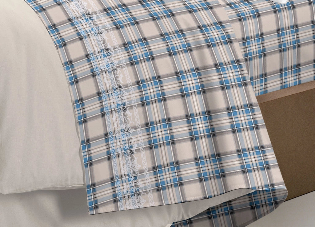Completo Lenzuola Flanella Pensieri Delicati 100% Cotone Disegno Cervo Tartan - Piazza E Mezza - Azzurro