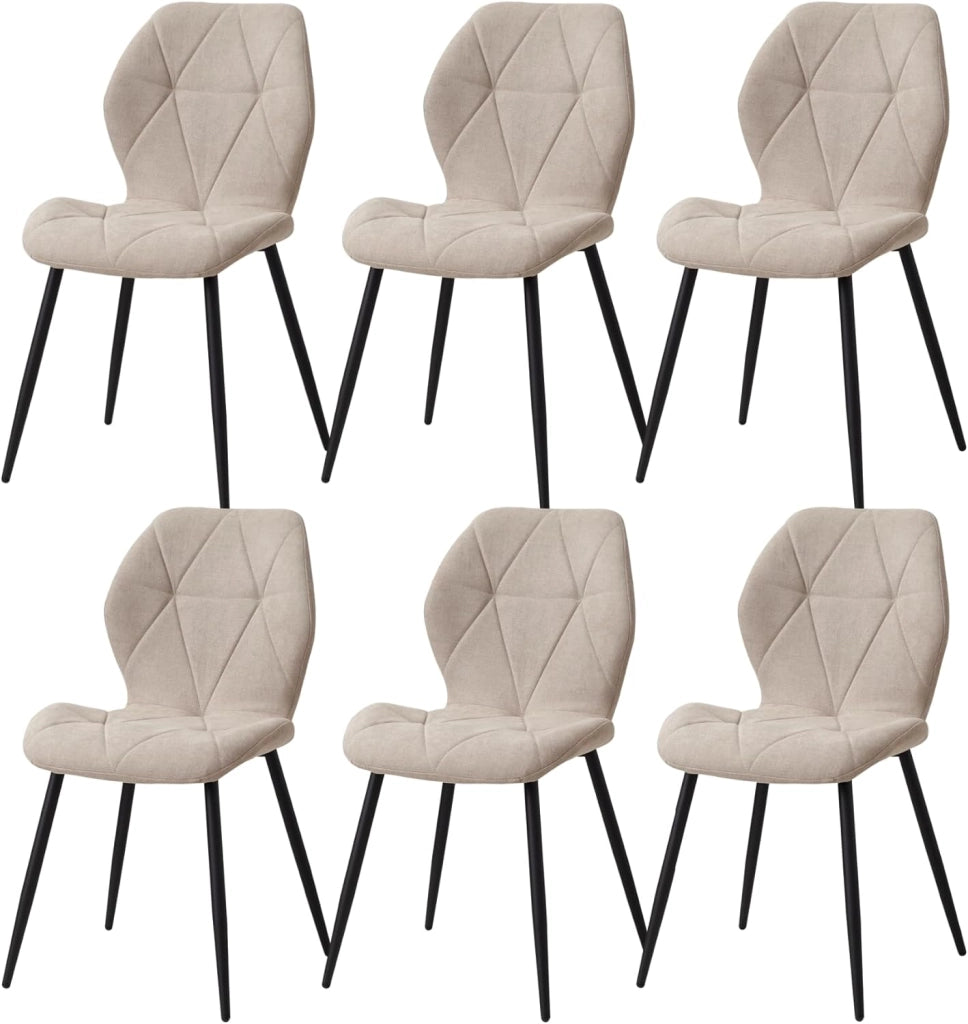 GrandCA HOME Set di 6 Sedie da Pranzo, Sedie da Pranzo Imbottite, Sedie da Cucina Nordiche con Gambe in Metallo, Cuscini in Tessuto a Rombi, Beige-R