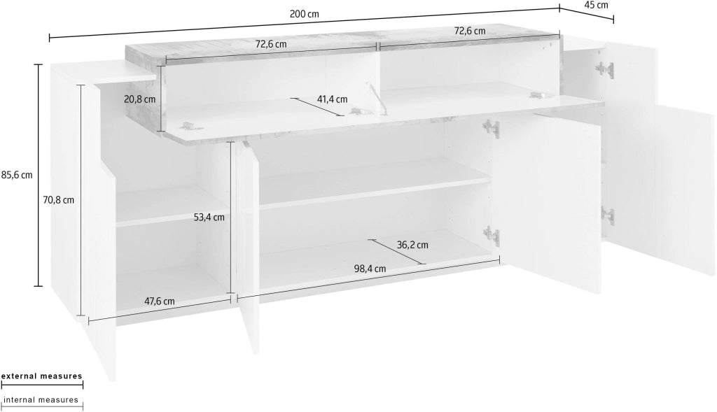 Credenza Moderna CORO con 4 ante battenti e 1 anta a ribalta in bianco lucido - report