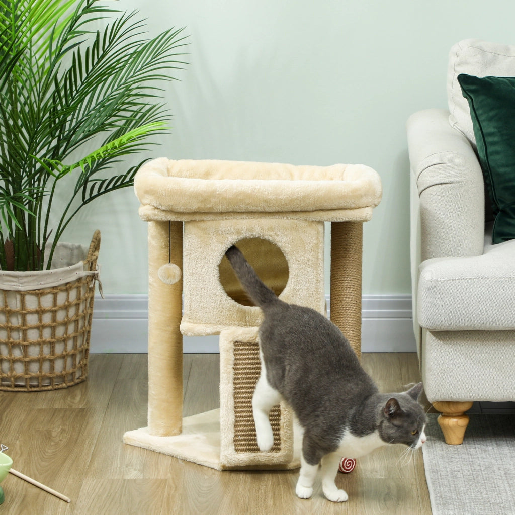 Tiragraffi per Gatti con Piattaforma, Palla e Casa ¨C Minimal ¨C Beige, 40x40x57 cm