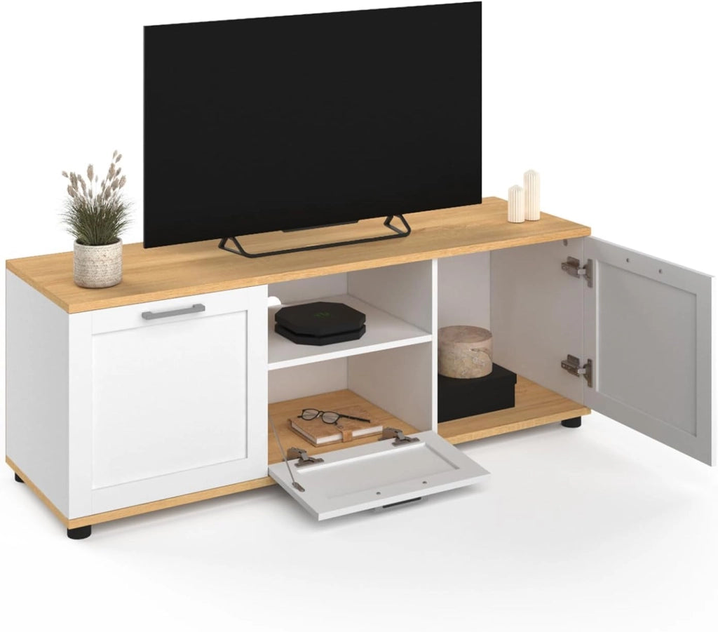 IDMarket - Mueble TV VITO con cajón y hornacina blancos y encimera de madera de 110 cm