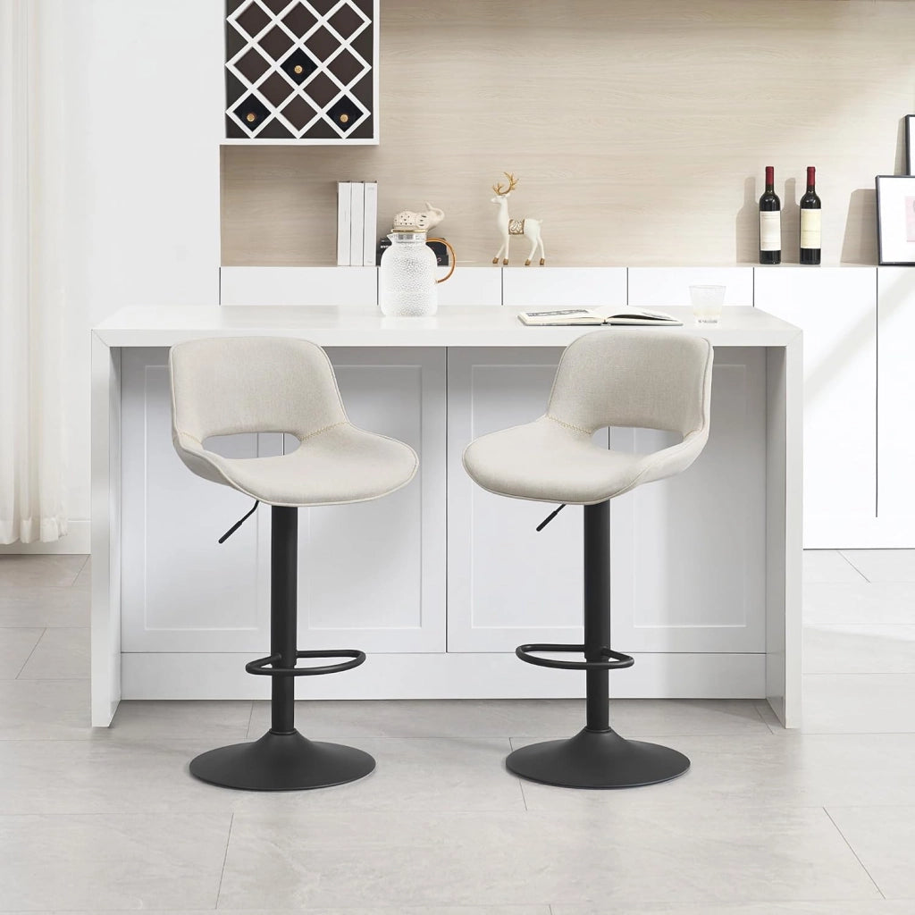 Set di 2 Sgabelli da Cucina, Sedia da Bar in Lino, Sgabello Regolabile in Altezza, con Schienale, Seduta Imbottita Girevole a 360°, per Bistrot, Pub, Base in Metallo, Beige, BH438be-2