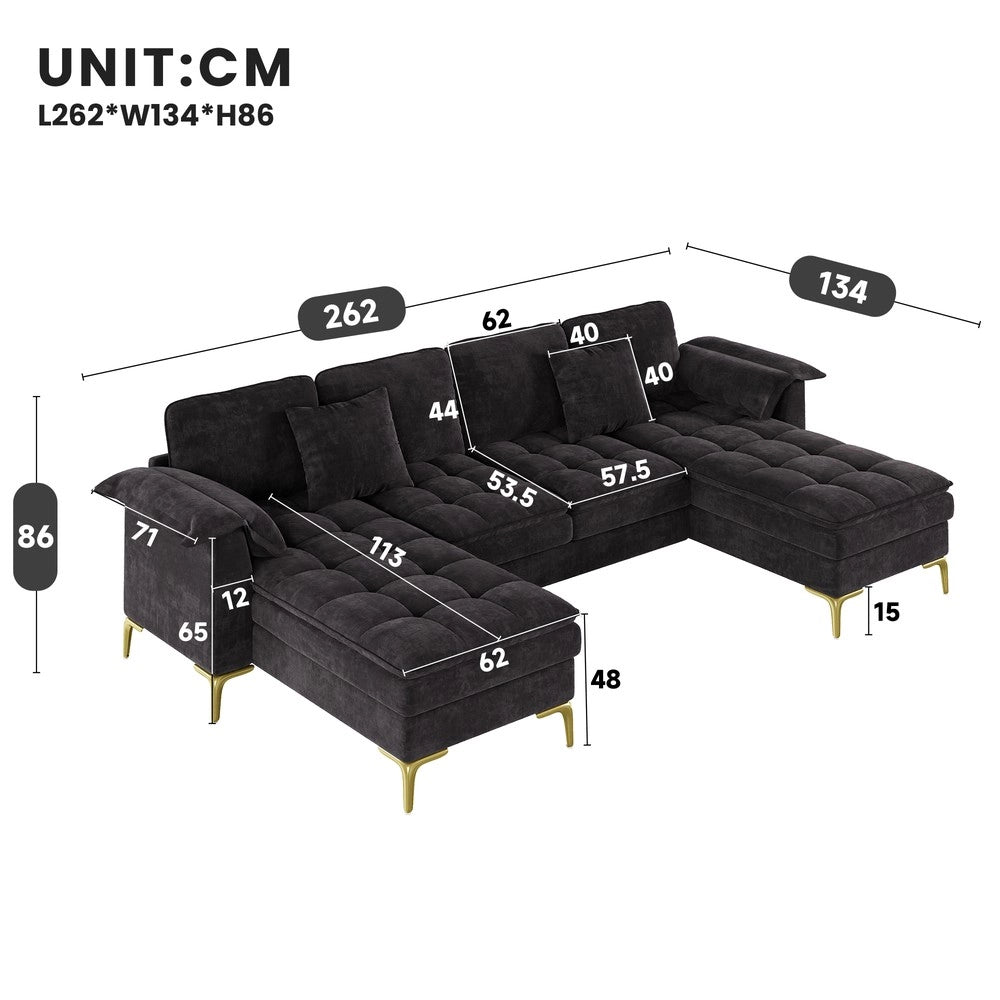 Divano angolare 4 posti con 2 chaise longue ¨C Minimal ¨C nero, tessuto chenille, gambe metallo, con cuscini