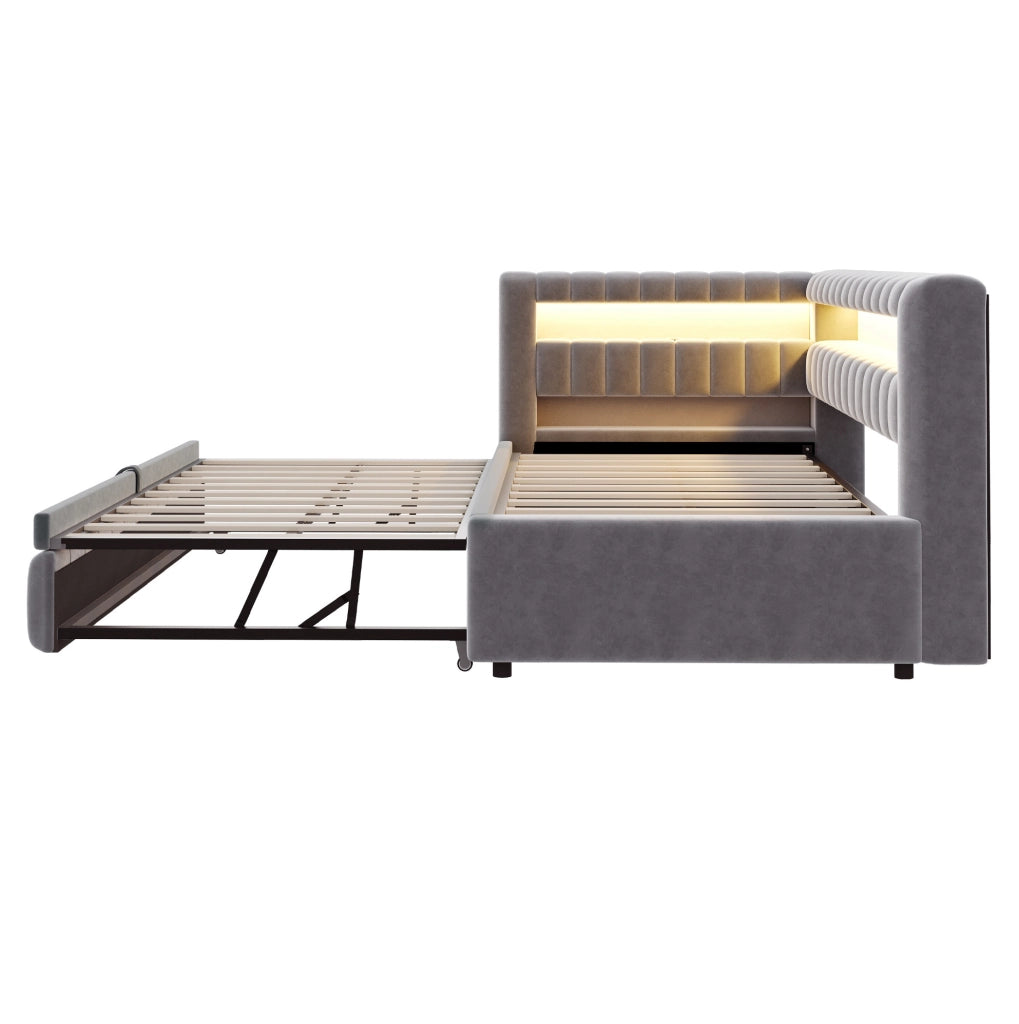 Sofabett 90x200 cm; letto estraibile con LED e ricarica; velluto grigio