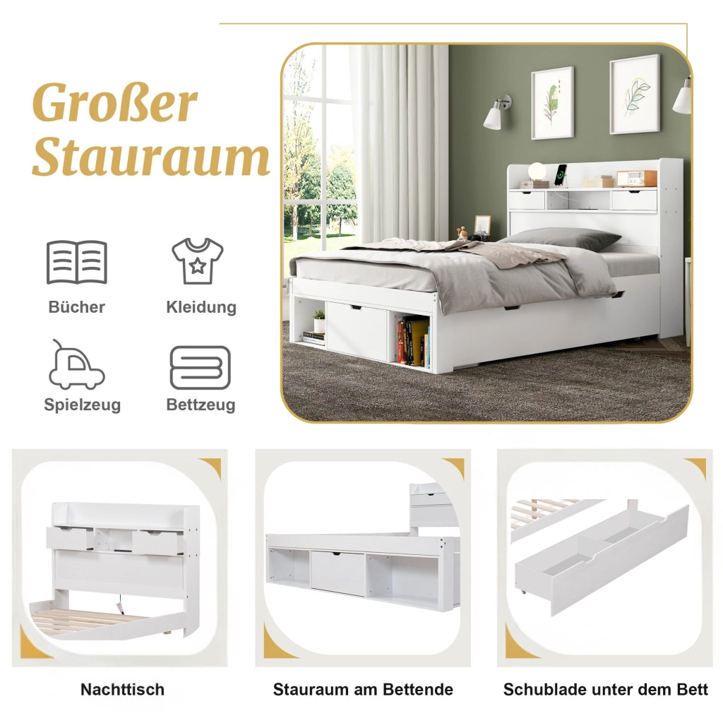 OKWISH Letto Singolo 90×200 cm con USB, Tipo C, 2 Cassetti, Armadietto Contenitore e Ripiani, senza Materasso, in Pino, Bianco