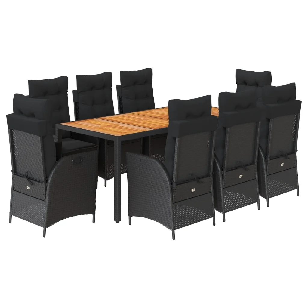 Set da Pranzo da Giardino 9 pz con Cuscini Nero in Polyrattan 3213102
