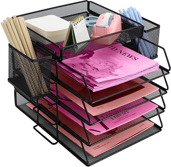 Biblioteca Metallica Stivolabile con 4 Cestini per Documenti e 2 Portapenne, Cassetto per Carte A4, Archiviazione per Ufficio, Organizzatore per Posta