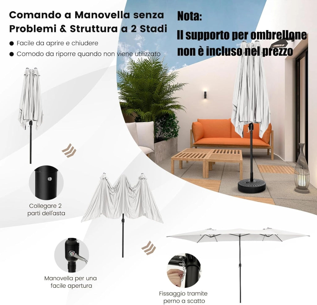Ombrellone da Giardino Doppio 426 cm, con Manovella e 10 Stecche, Ombrellone Rettangolare Pieghevole, per Giardino Piscina Terrazza, 426 x 265 x 260 cm (Beige)