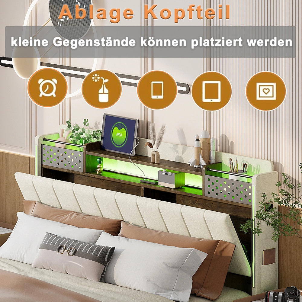Letto matrimoniale - Xylo - 160x200 cm - Beige - Illuminazione LED e contenitore