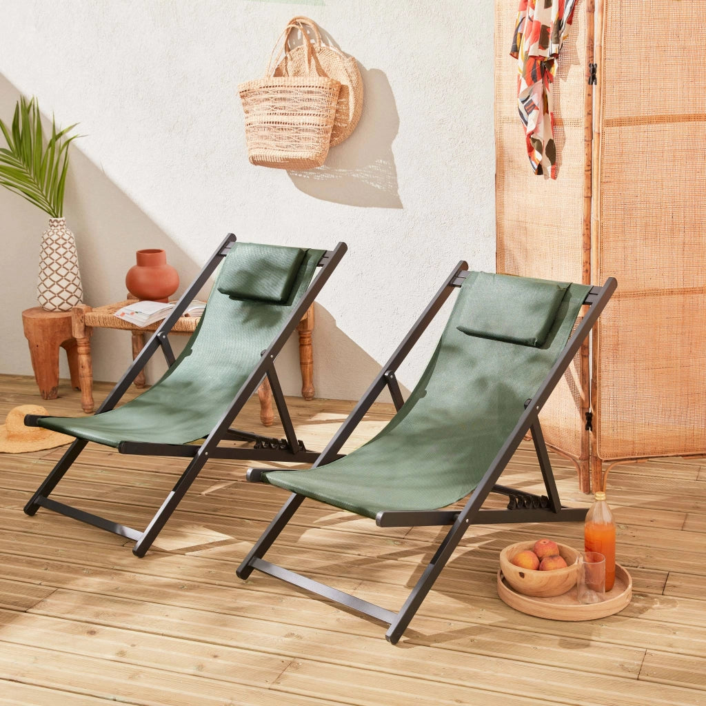 Set 2 lettini prendisole in alluminio multiposizione, verde kaki