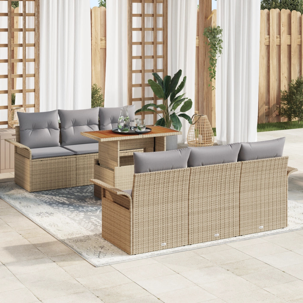 Set di Divano da Giardino con Cuscini 7 Pezzi Beige In Rattan Acacia