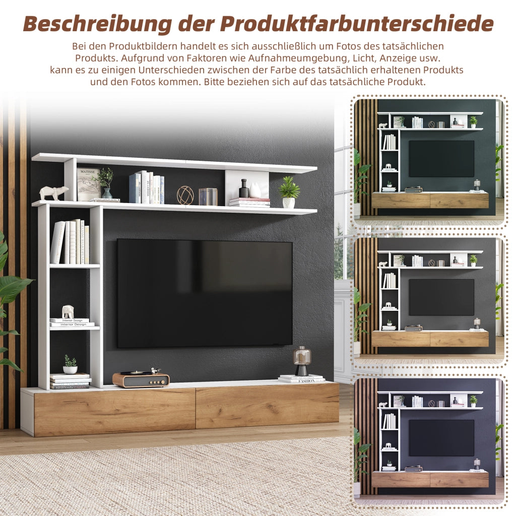Mobile porta TV con 2 ante a ribalta e scaffale verticale, sospeso o a terra, bianco e legno 180 × 35 × 22,5 cm