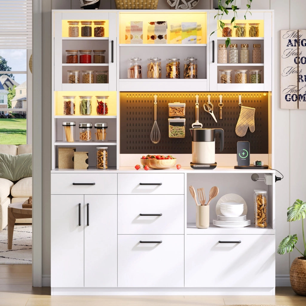 Credenza cucina con LED RGB, prese e 5 cassetti, bianca