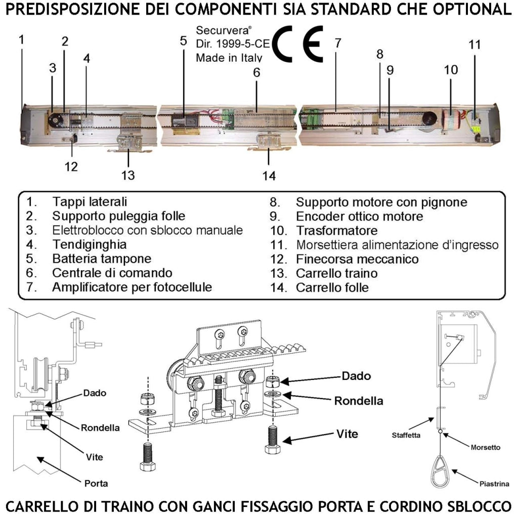 Traversa Automatica Per Porta Scorrevole Esistente da 700 mm Passaggio Libero 600 mm 230/24 V Trasmissione Tramite Cinghia Ruote Cuscinetti Autolubrificanti Elettronica Controllo Automatico Encoder