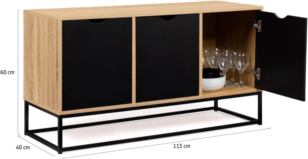 Credenza bassa a 3 ante, nera, design industriale BOSTON