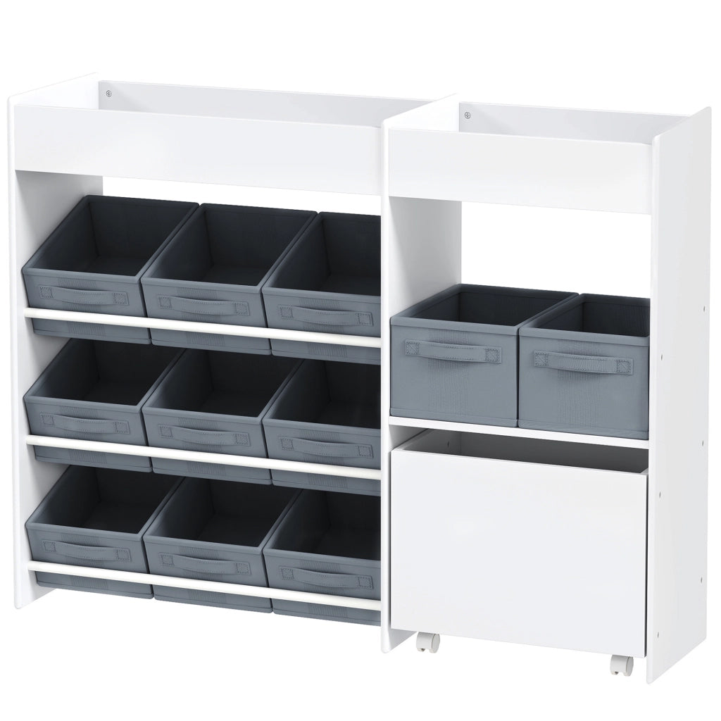 Mobile Portagiochi per Bambini con 11 Cestini in Tessuto. Armadietto e Ripiani. 105x30x80 cm. Bianco