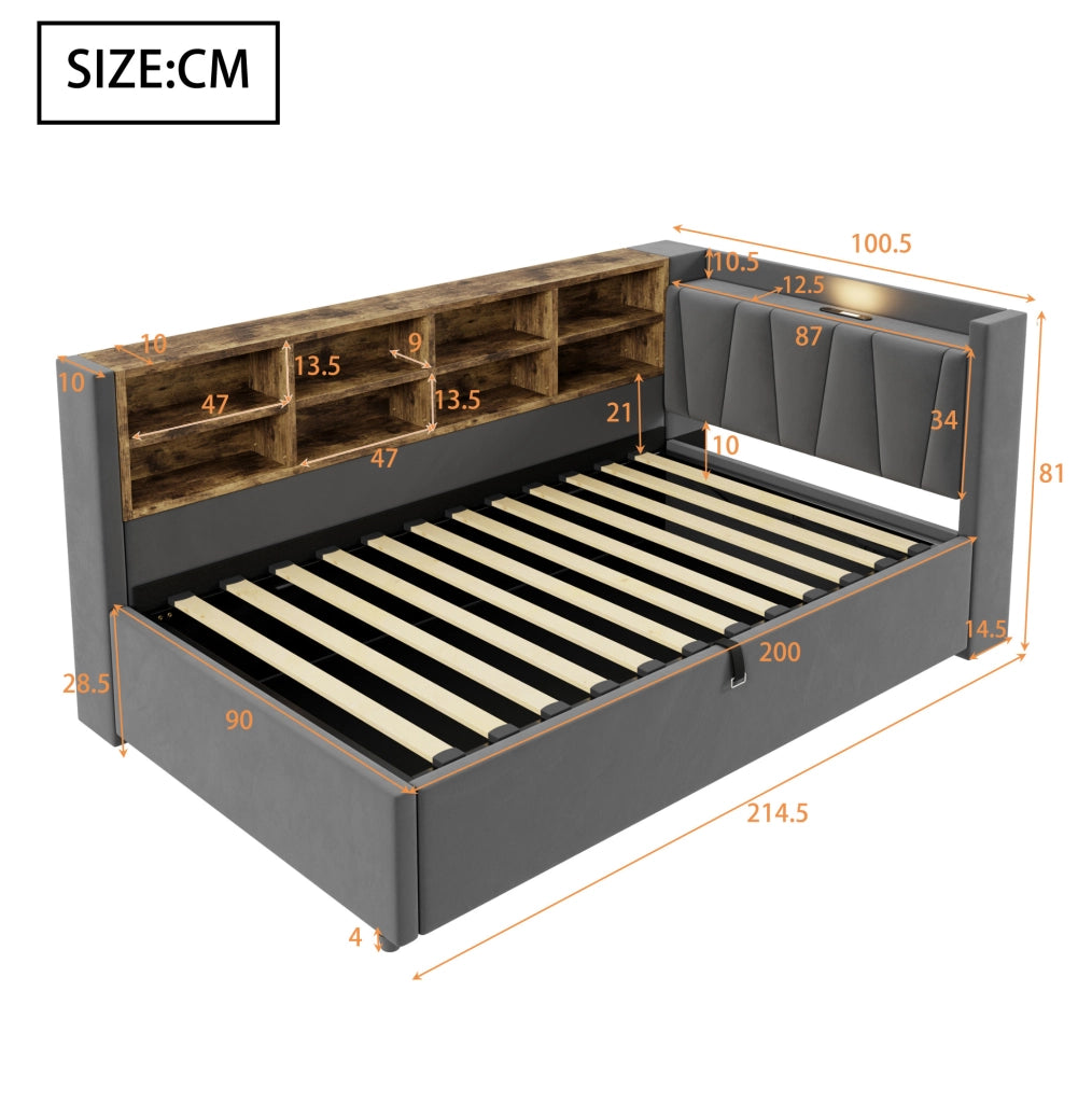 Letto imbottito con contenitore idraulico, testiera con luce e prese USB e Type-C, 90x200 cm