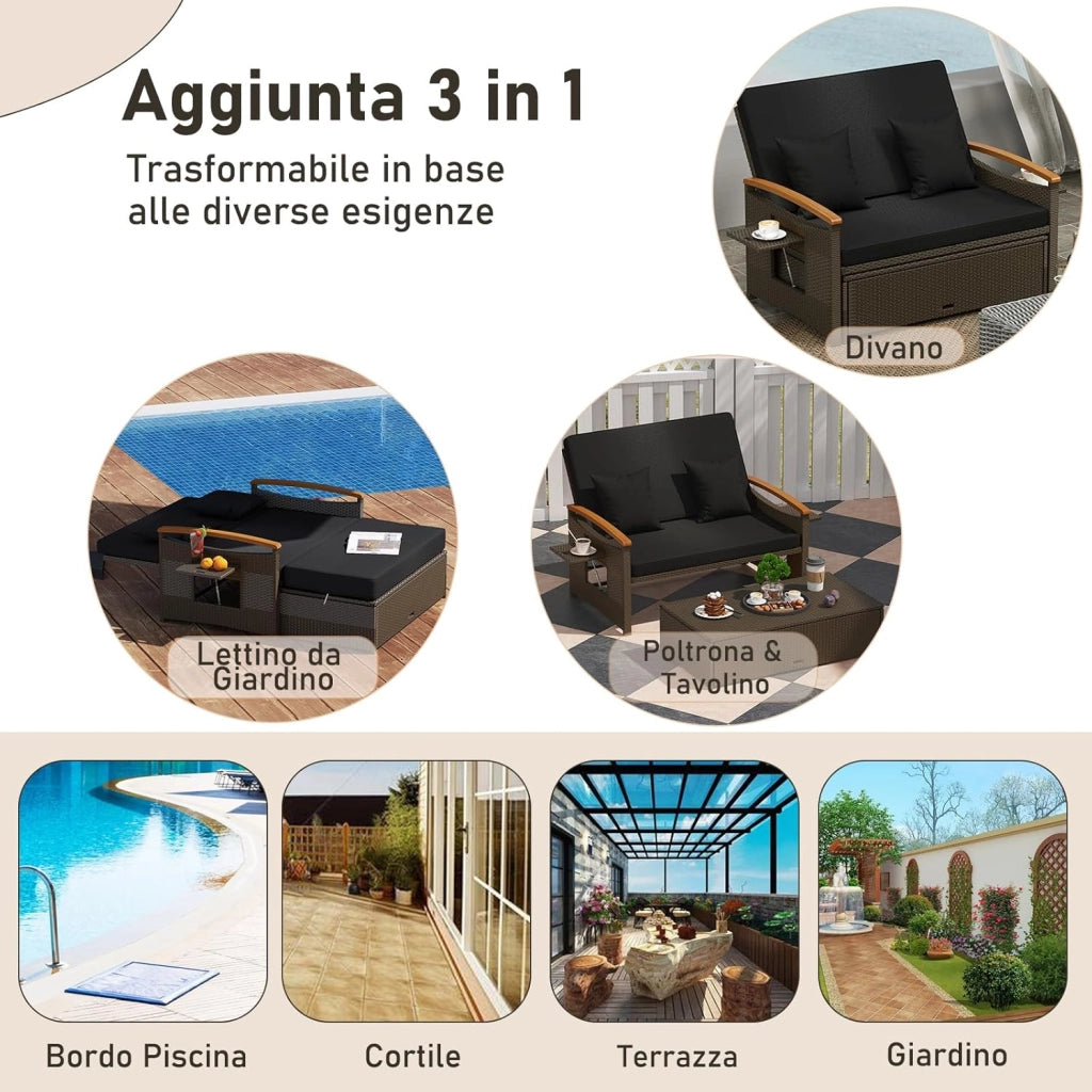 Lettino Prendisole da Giardino per 2 Persone, Divano Regolabile con Panca Contenitore e Cuscino con Schienale Regolabile a 4 Livelli e Vassoi Laterali Estraibili per Cortile e Balcone (Nero)