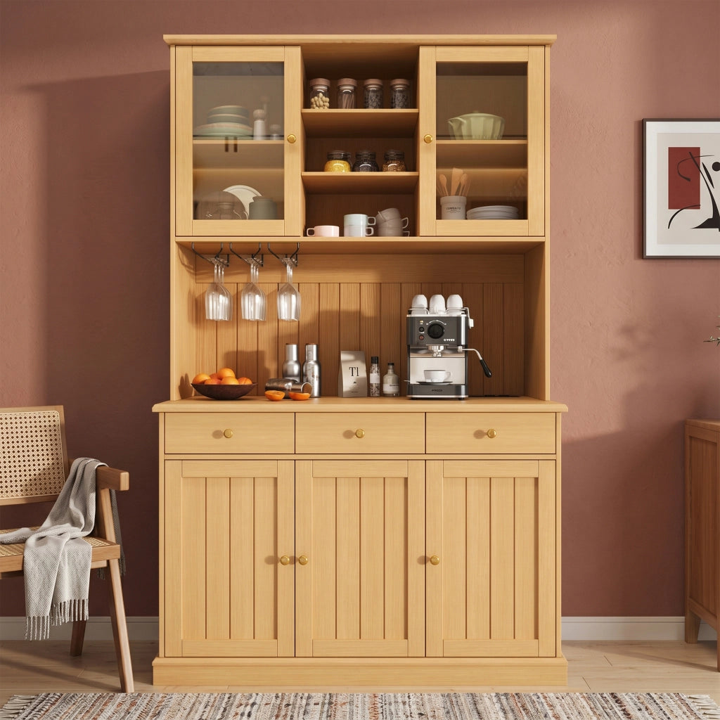 Credenza alta con vetrina, 1 cassetto e prese USB, per cucina e sala da pranzo, rovere naturale, 120 × 40 × 191 cm
