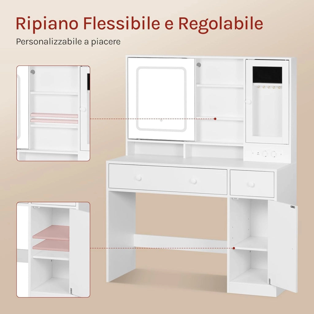 WOLTU Toeletta con Cassetti per Gioielli e Grande Specchio, Sedia da Make Up, Seduta Imbottita, Specchio a Luce LED Regolabile, Tavolo da Trucco con Prese, Cassetti e Ripiani, Bianco