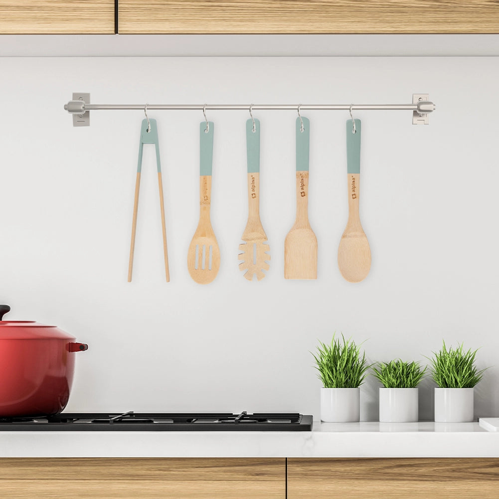 Set 5 Utensili da Cucina in Bambù Lunghezza 30 cm Antigraffio Colori Assortiti