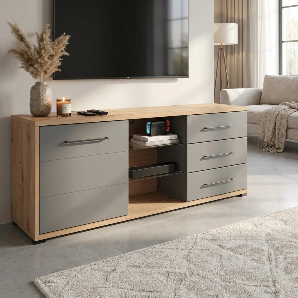 porta tv un anta tre cassetti moderno minimal in legno cm 161 5x40x65 h - ELLI