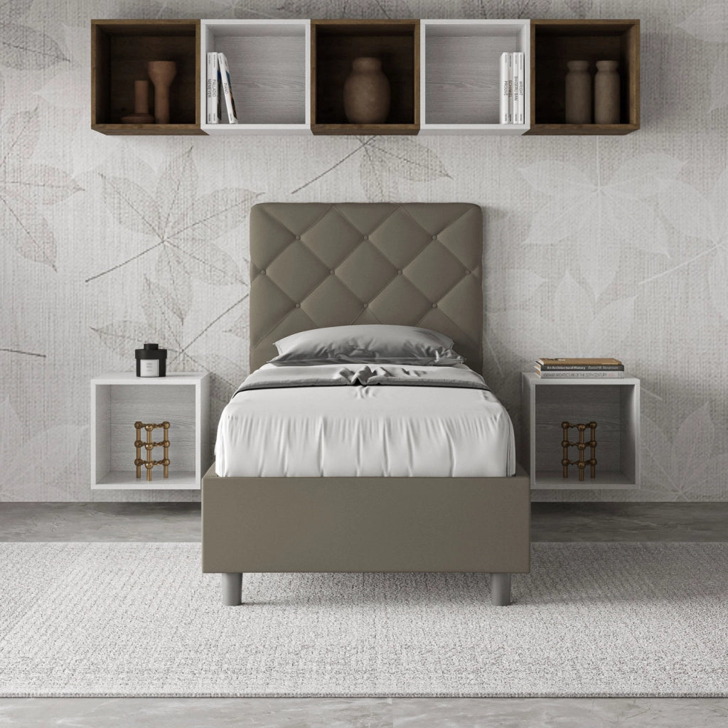 BS COM Letto singolo con rete imbottito 90x210 similpelle cappuccino