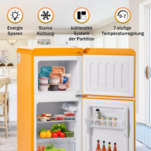 Frigorifero retrò; congelatore; doppia porta; volume totale 60L; vano congelatore 22L; luce LED; efficiente energetico; giallo antico