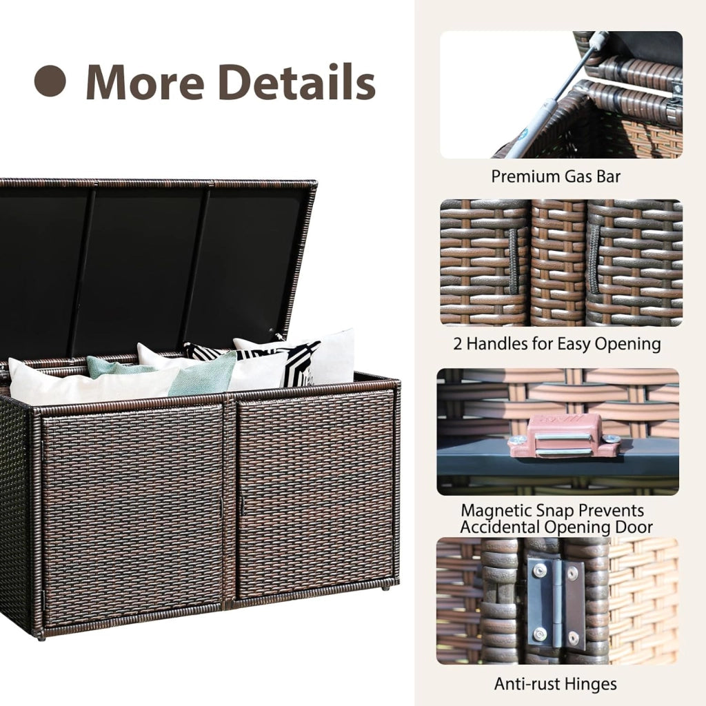 Cassapanca Contenitore da Esterno da 330L in Rattan, Telaio in Acciaio, Baule da Giardin Resistente ai Raggi UV, Mobile Balcone Impermeabile a 2 Ripiani per Cortile, 115x60x65 cm (Marrone)