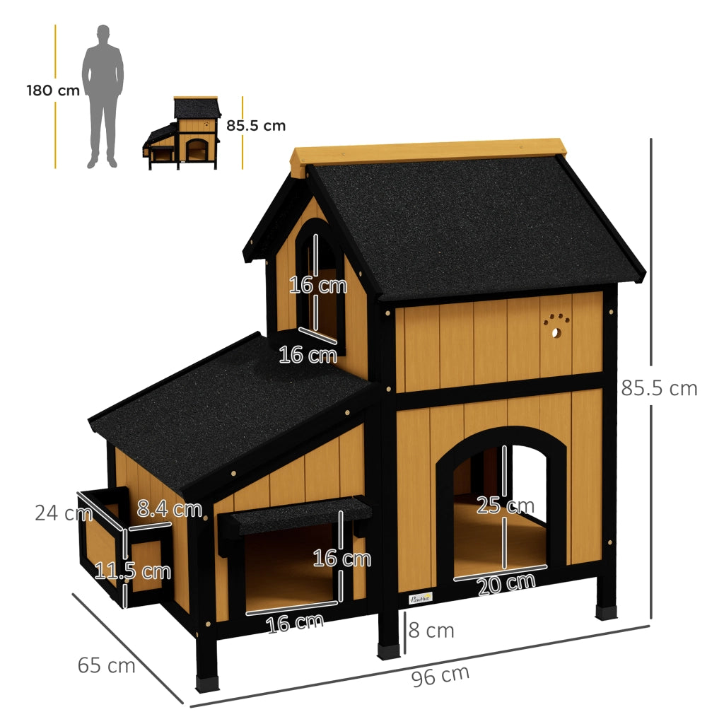 Casetta per gatti da esterno in legno, 2 piani, tetto impermeabile, 96 x 65 x 85,5 cm, gialla