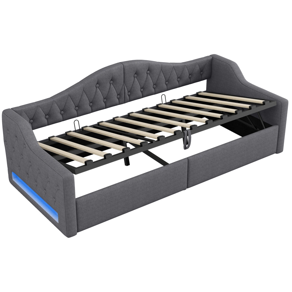 Letto 90x200 cm con contenitore e LED in MDF; multistrato e imbottito grigio