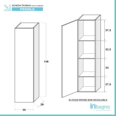 Colonna bagno sospesa H 138 cm bianco opaco con tre ripiani Master