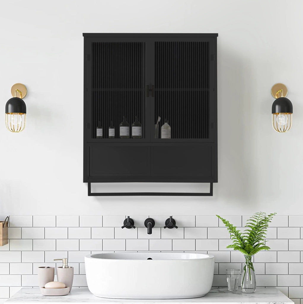 Mobile pensile da parete nero con vetro scanalato, 60×23×78 cm